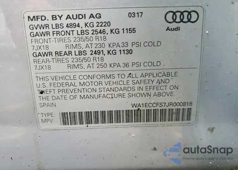 2018 Audi Q3 Premium z USA, uszkodzony, nr VIN WA1ECCFS7JR000818